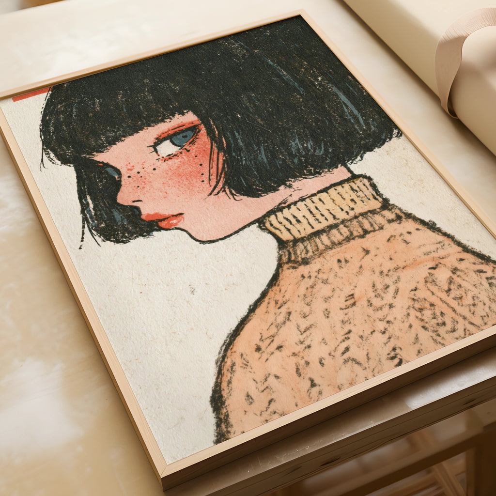 Retro Kawaii Girl Portrait Poster, Bob Hair Freckles Art Print, Vintage Illustrated Woman Wall Art