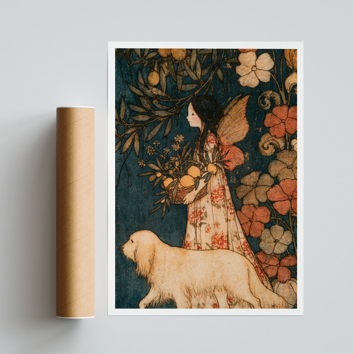 Fairy Girl Print, Classic Folk Art Print, Vintage Floral Garden Wall Art, 