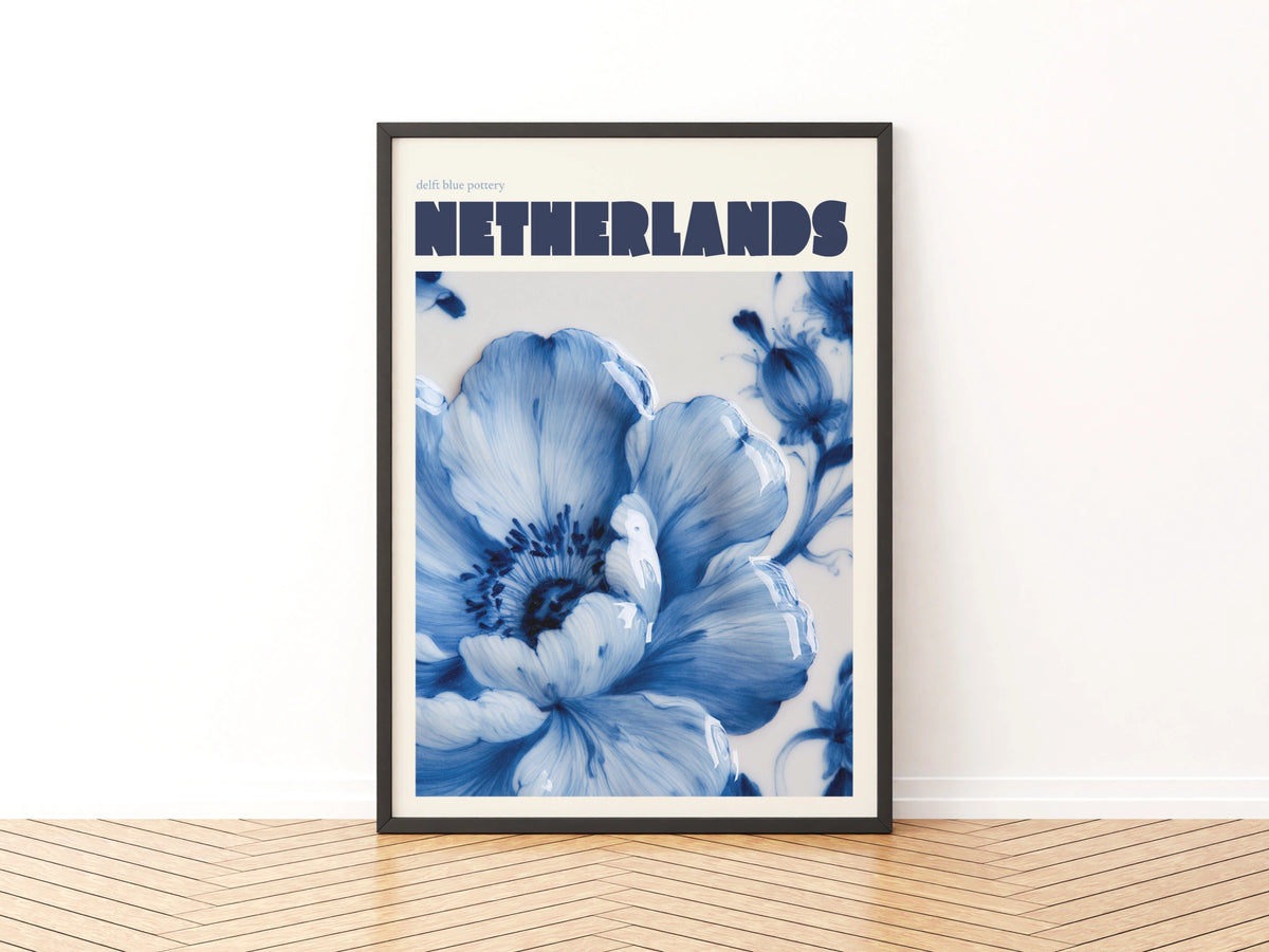 Netherlands Modern Travel Poster, Delft Blue Pottery Floral Wall Art Print