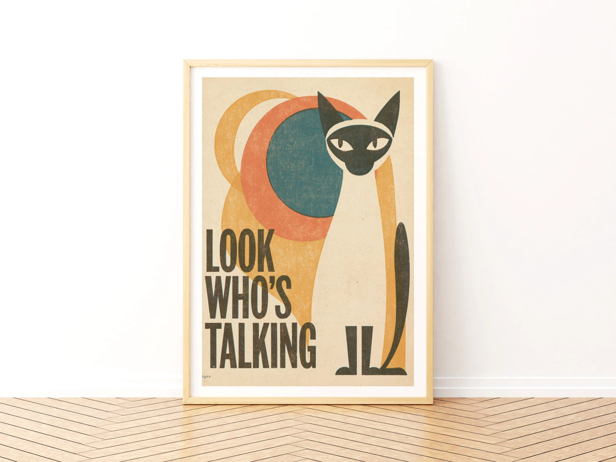 Retro Cat Print, Look Who's Talking, Siamese Cat Wall Art, Vintage Folk Style