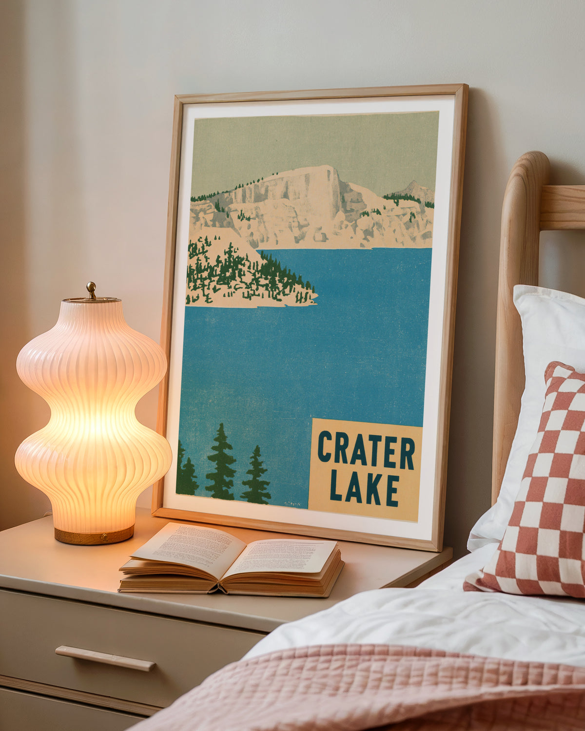 Retro Crater Lake Poster, Vintage Travel Print, Oregon National Park Wall Art, Blue Lake Decor