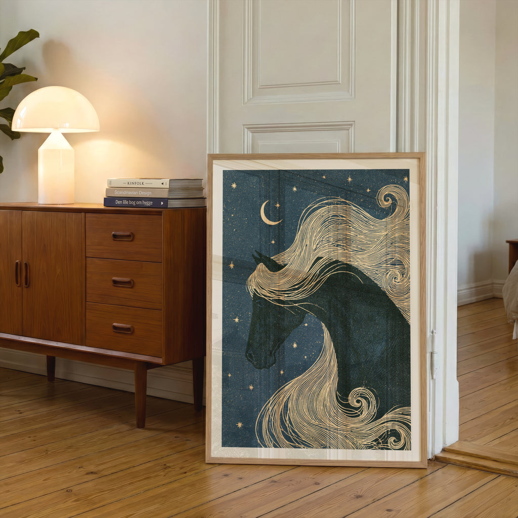 Celestial Horse Wall Art, Black Horse Poster, Moon and Stars Print, Equestrian Decor, Night Sky Art