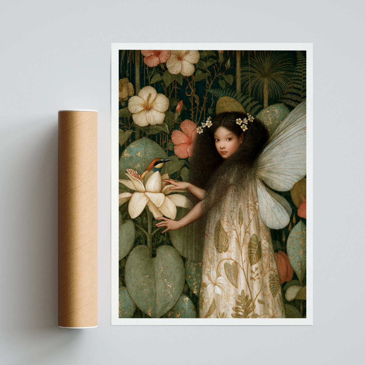 Tropical Fairy Garden Classic Inspired Print, Botanical Fantasy Poster, Floral Fairy Wall Art