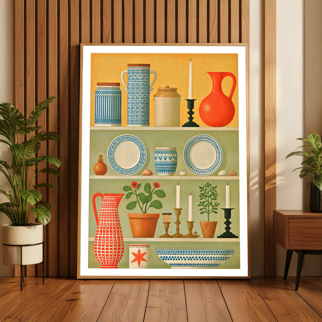 Vintage Dresser Shelf Still Life Print, Folk Pottery Wall Art, Classic Inspired Kitchen Poster