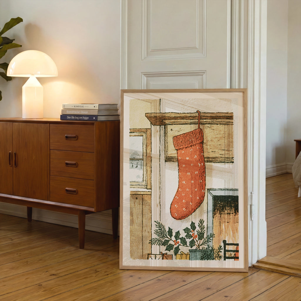 Christmas Stocking Fireplace Print, Classic Festive Wall Art, Vintage Holiday Poster, Cosy Home