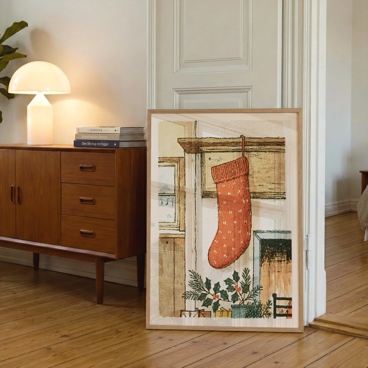 Christmas Stocking Fireplace Print, Classic Festive Wall Art, Vintage Holiday Poster, Cosy Home