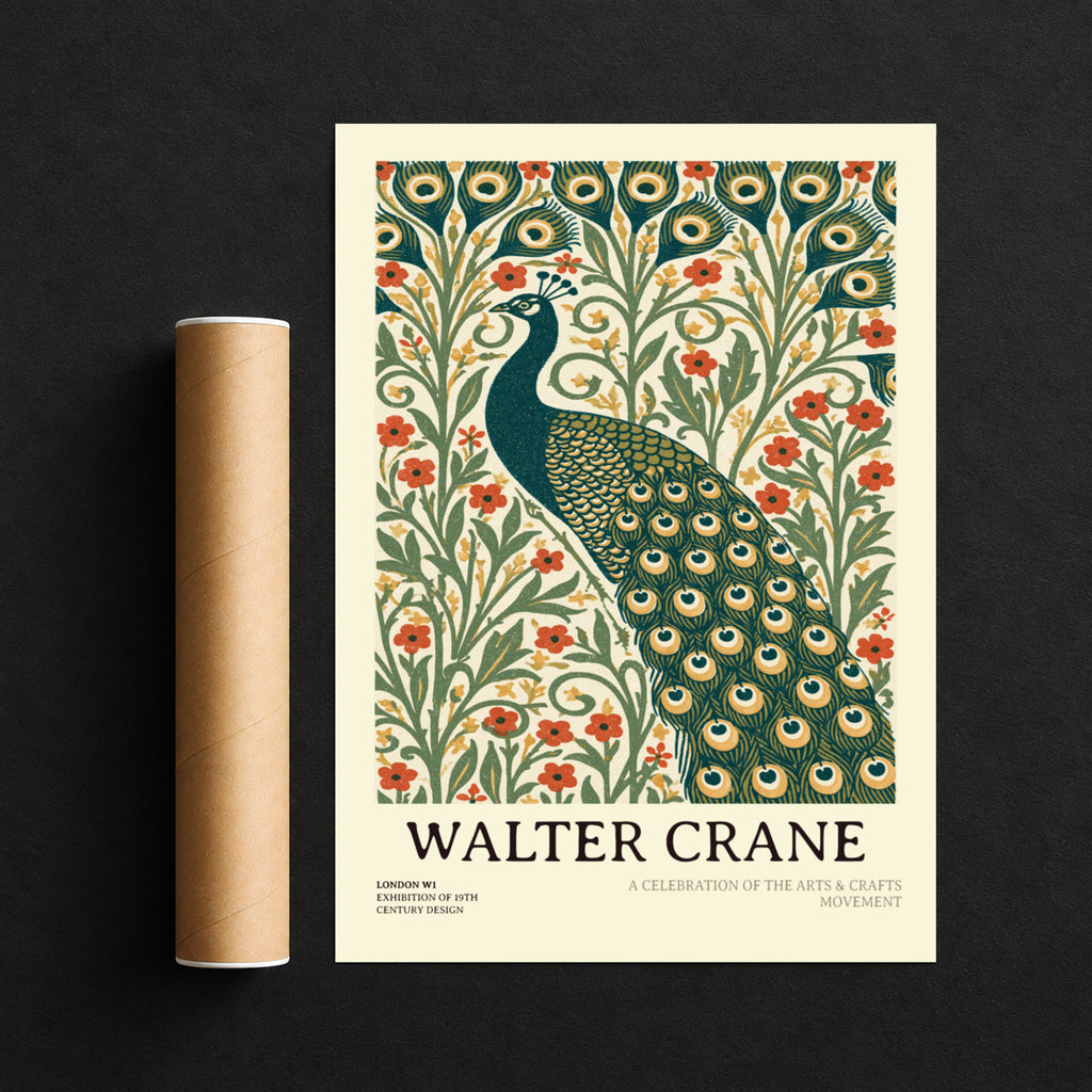 Walter Crane Peacock Print, Arts and Crafts Wall Art, Vintage Botanical Poster, Nature Floral Decor