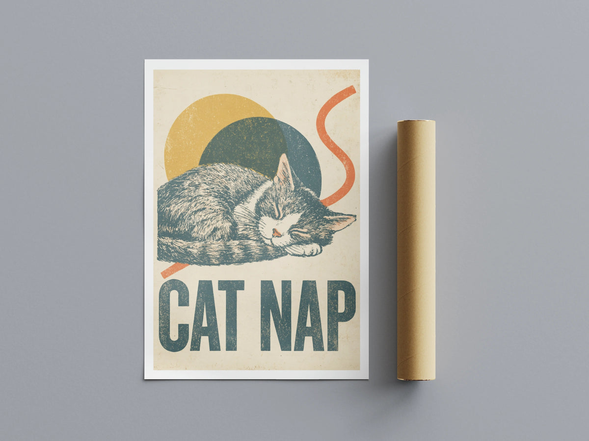 Cat Nap Retro Print, Sleeping Cat Wall Art, Vintage Folk Style Cat Lover Gift