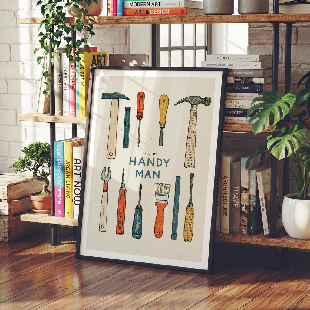 Call The Handyman Retro Tools Poster, Vintage Workshop Wall Art Print, Gift for Him