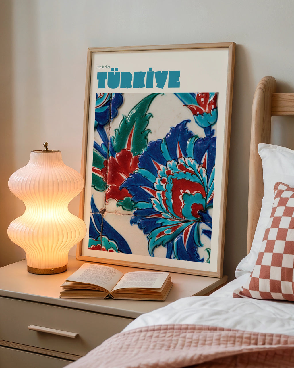 Turkiye Iznik Tiles Vintage Travel Poster, Turkey Print, Teal Blue Floral Wall Art