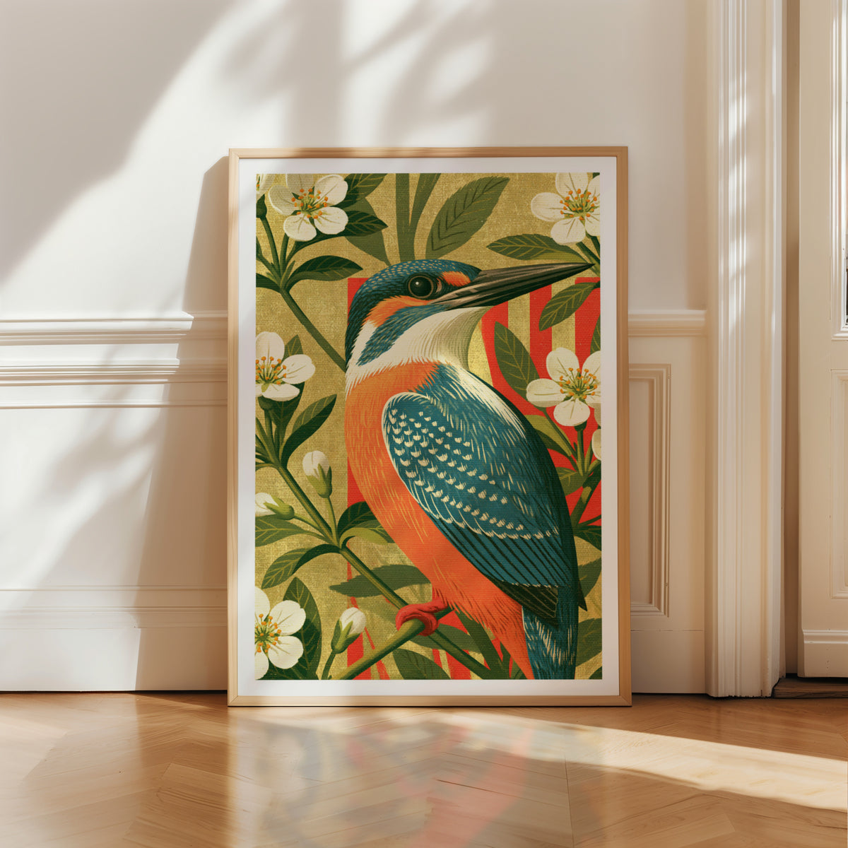 Kingfisher Bird Print, Retro Botanical Wall Art, Classic Inspired Blossom Poster, Vintage Style