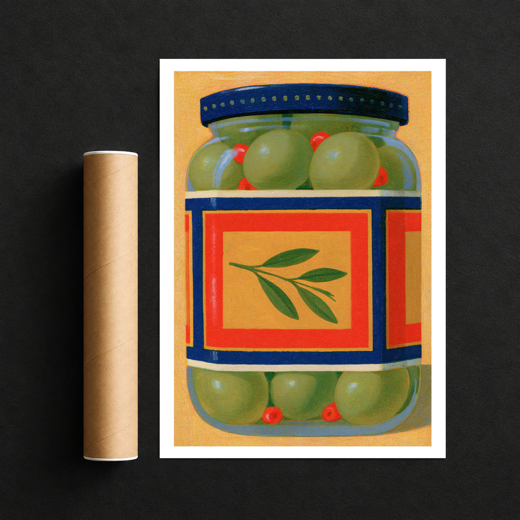 Vintage Food Poster Print, Green Olive Jar Art, Rustic Kitchen Decor, Retro Mid Century Risograph