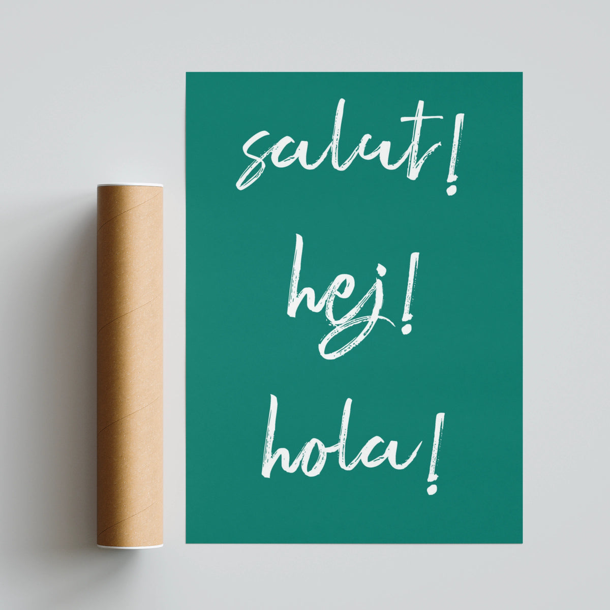 Salut Hej Hola Typography Print, Multilingual Hello Poster, Teal Word Wall Art