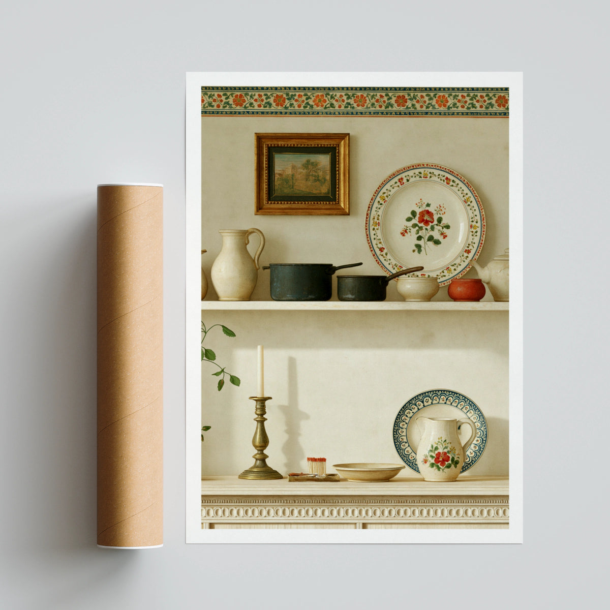 Vintage Kitchen Shelf Print, Classic Inspired Farmhouse Pottery Wall Art Poster