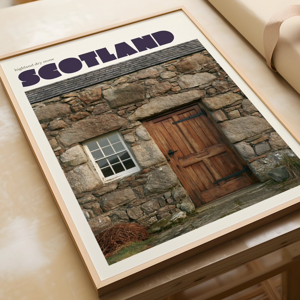 Scotland Retro Travel Poster, Highland Dry Stone Cottage, Scottish Wall Art Print