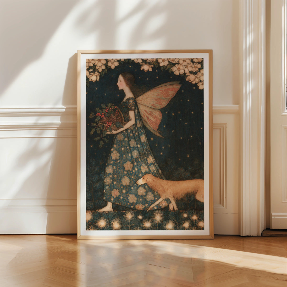 Fairy With Holly Basket Classic Art Print, Vintage Folk Illustration, Winter Botanical Poster