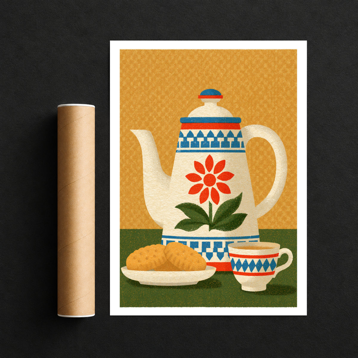 Vintage Food Poster Print, Retro Mid Century Teapot Art, Rustic Kitchen Decor, Risograph Style