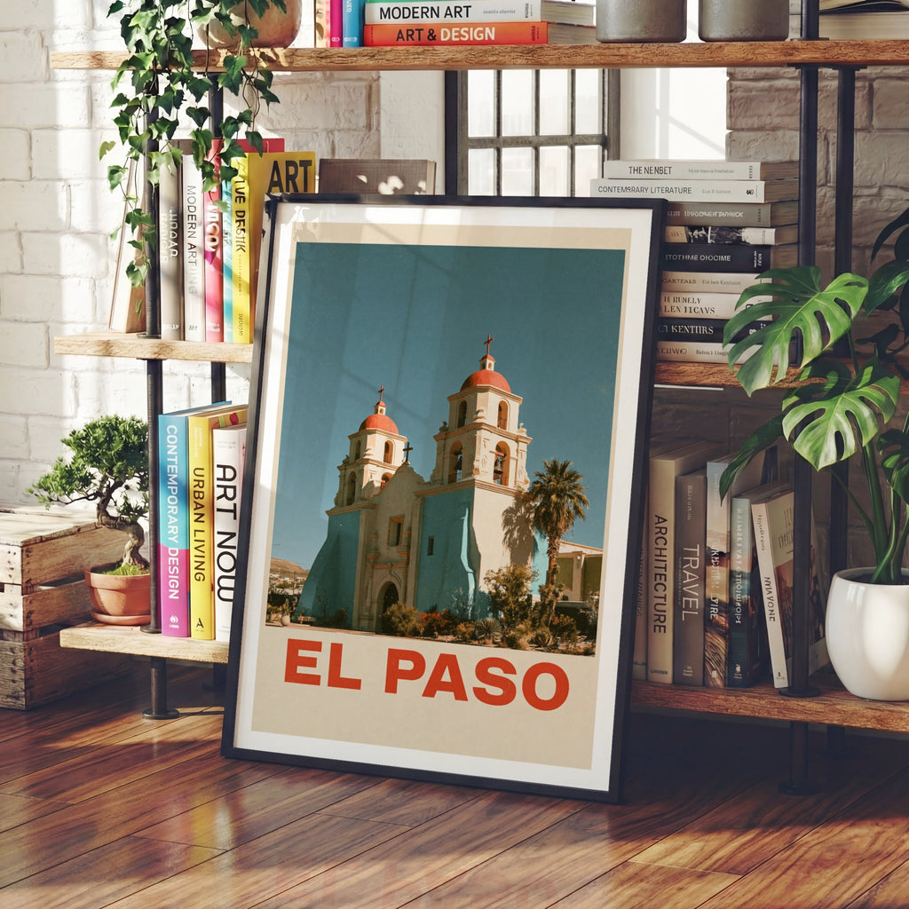 El Paso Retro Travel Poster, Texas Mission Church Print, Southwest USA Wall Art