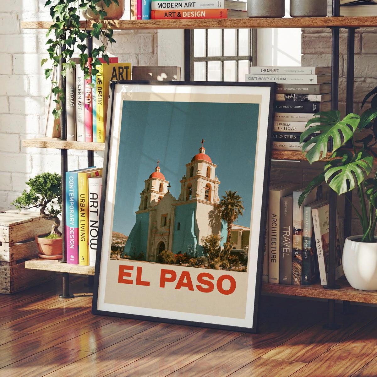 El Paso Retro Travel Poster, Texas Mission Church Print, Southwest USA Wall Art