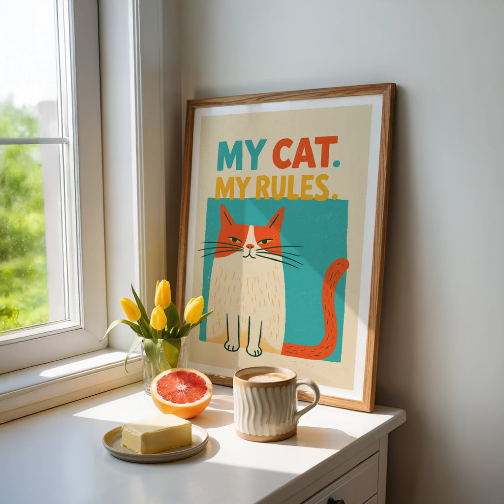 My Cat My Rules Retro Cat Print, Funny Cat Wall Art, Ginger Cat Folk Art Print