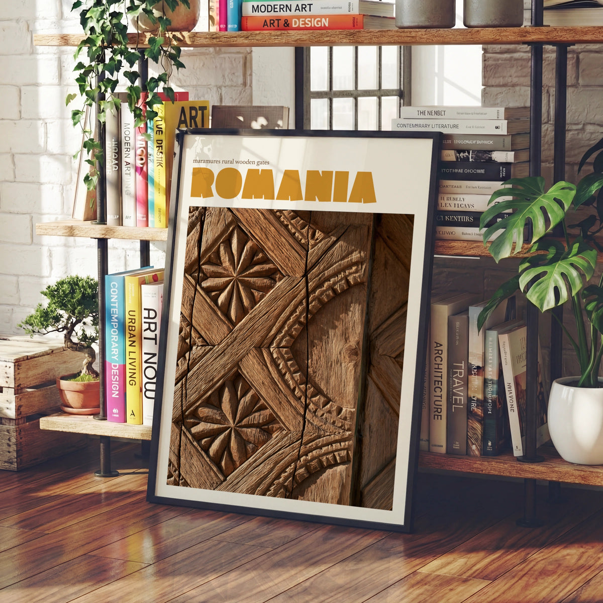 Romania Travel Poster, Contemporary Maramures Wooden Gate Print, Eastern Europe Wall Art