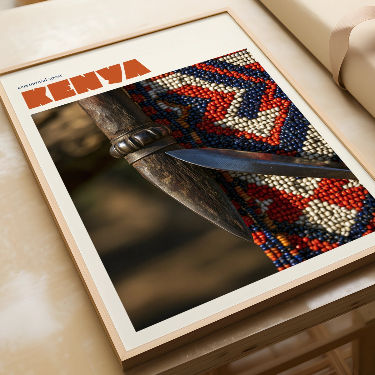 Kenya Travel Print, Contemporary African Wall Art, Maasai Ceremonial Spear, Beadwork Decor