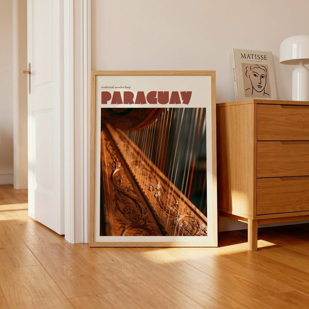 Paraguay Retro Travel Poster, Traditional Wooden Harp Print, South America Wall Art