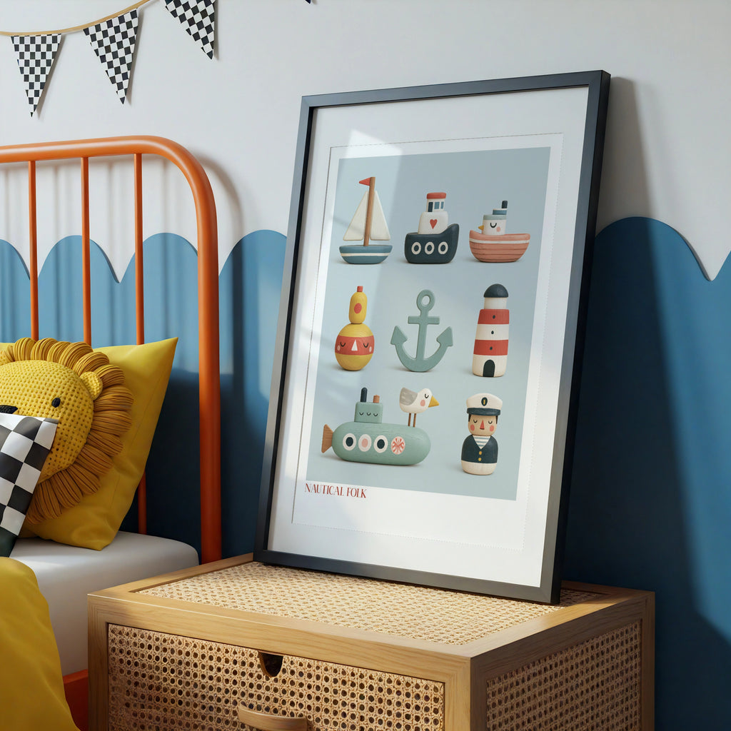 Nautical Folk Art Print, Retro Wooden Toy Poster, Children's Collectable, Kids Bedroom Sea Wall Art