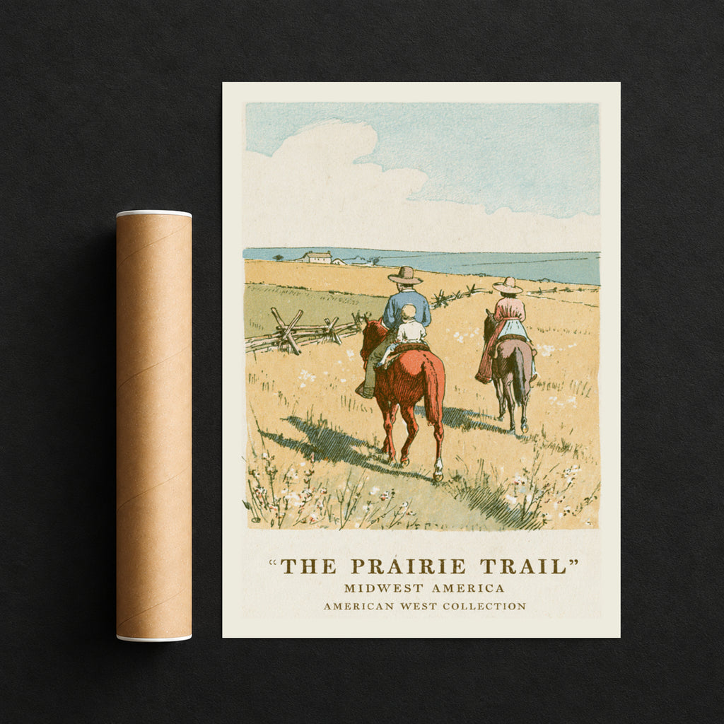 Vintage Prairie Trail Print, Midwest America Wall Art, Western Landscape Poster, Horseback Riders