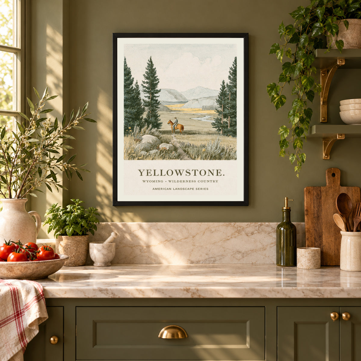 Yellowstone Wyoming Print, Vintage Landscape Poster, Cowboy on Horseback, Pine Forest Mountain Wall