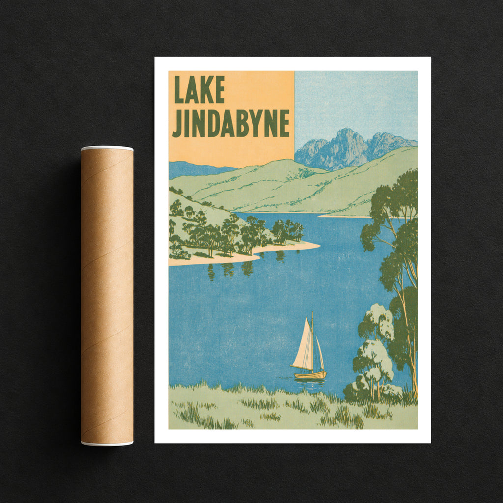 Lake Jindabyne Retro Travel Poster, Vintage Travel Print, Australia Snowy Mountains Wall Art