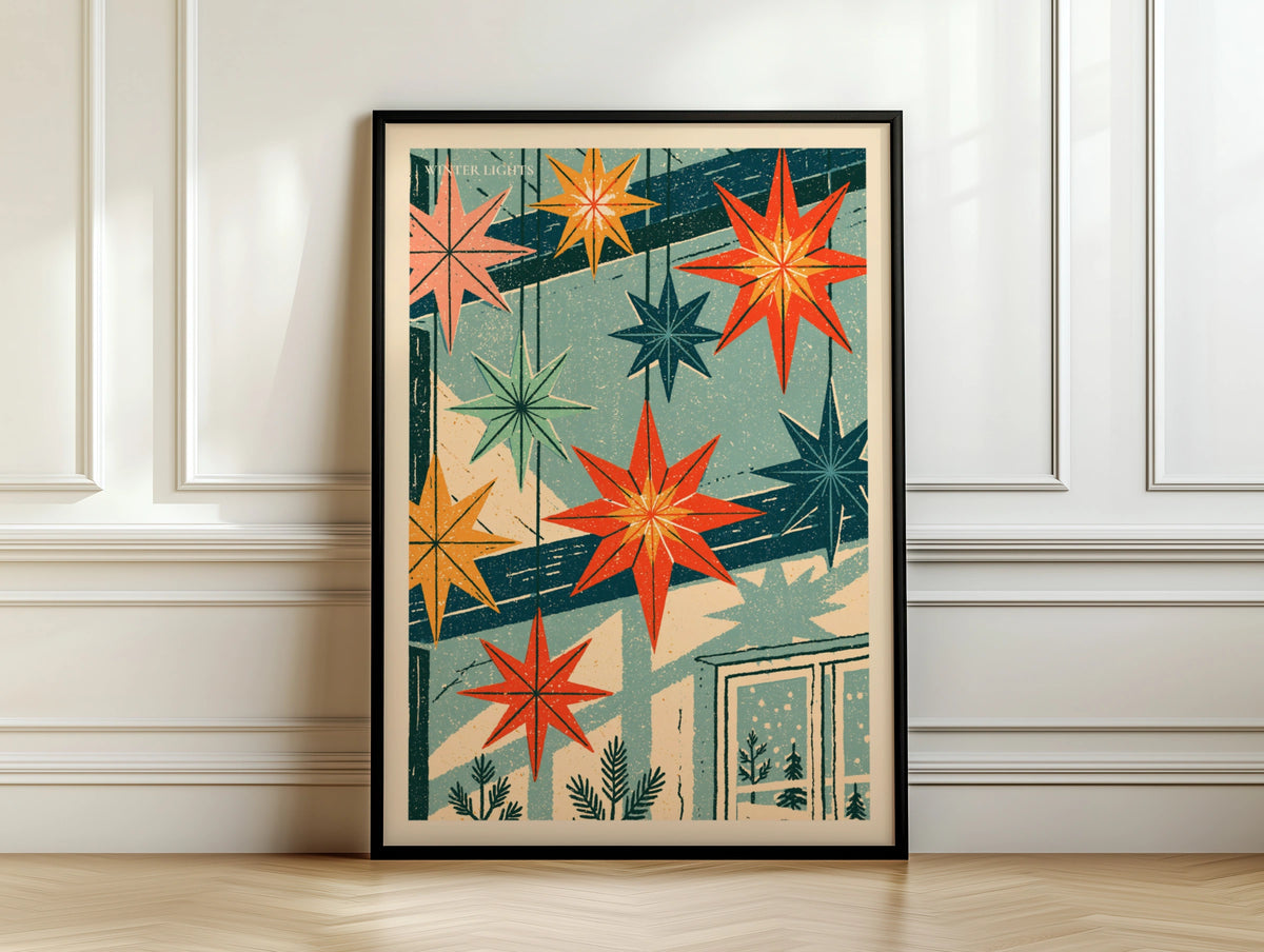 Winter Lights Retro Star Poster, Vintage Christmas Wall Art, Festive Holiday Print