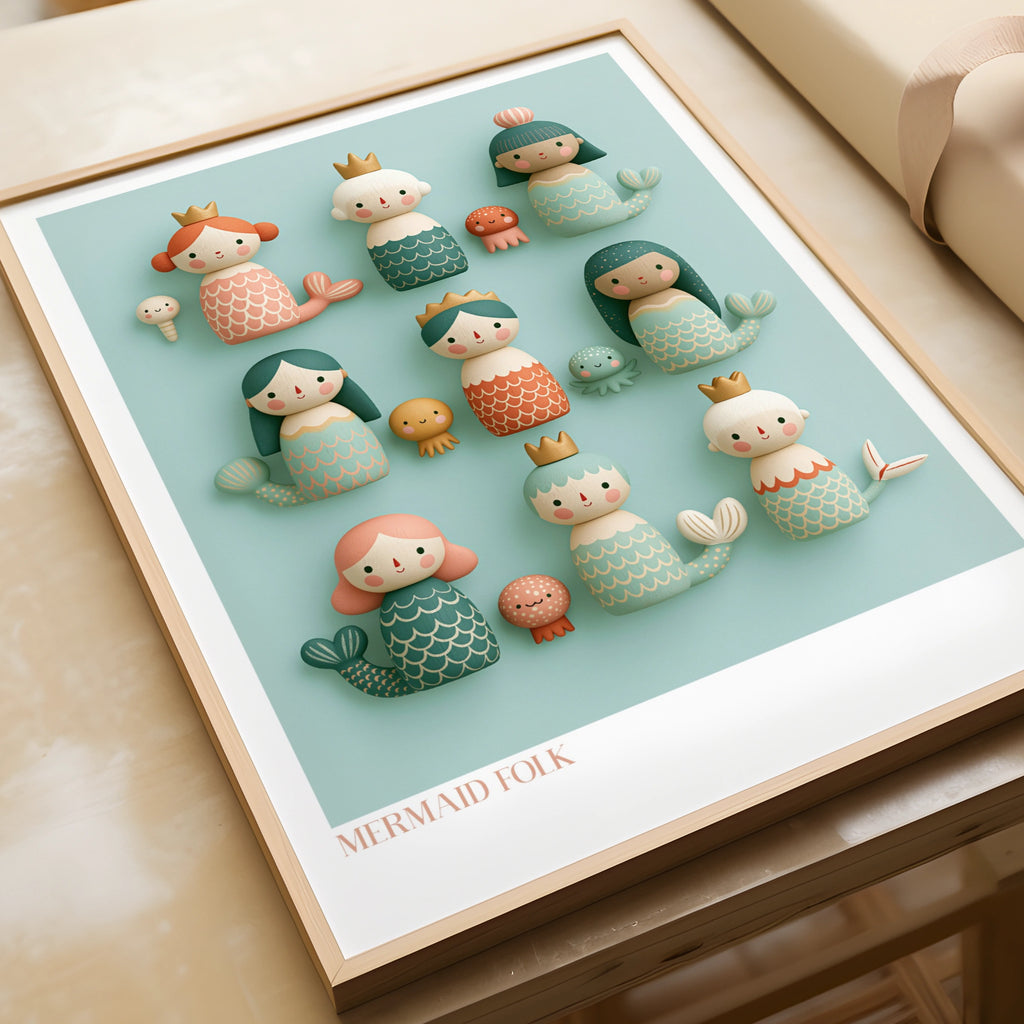 Mermaid Folk Art Print, Retro Children's Poster, Cute Wooden Toy Collectables Wall Art