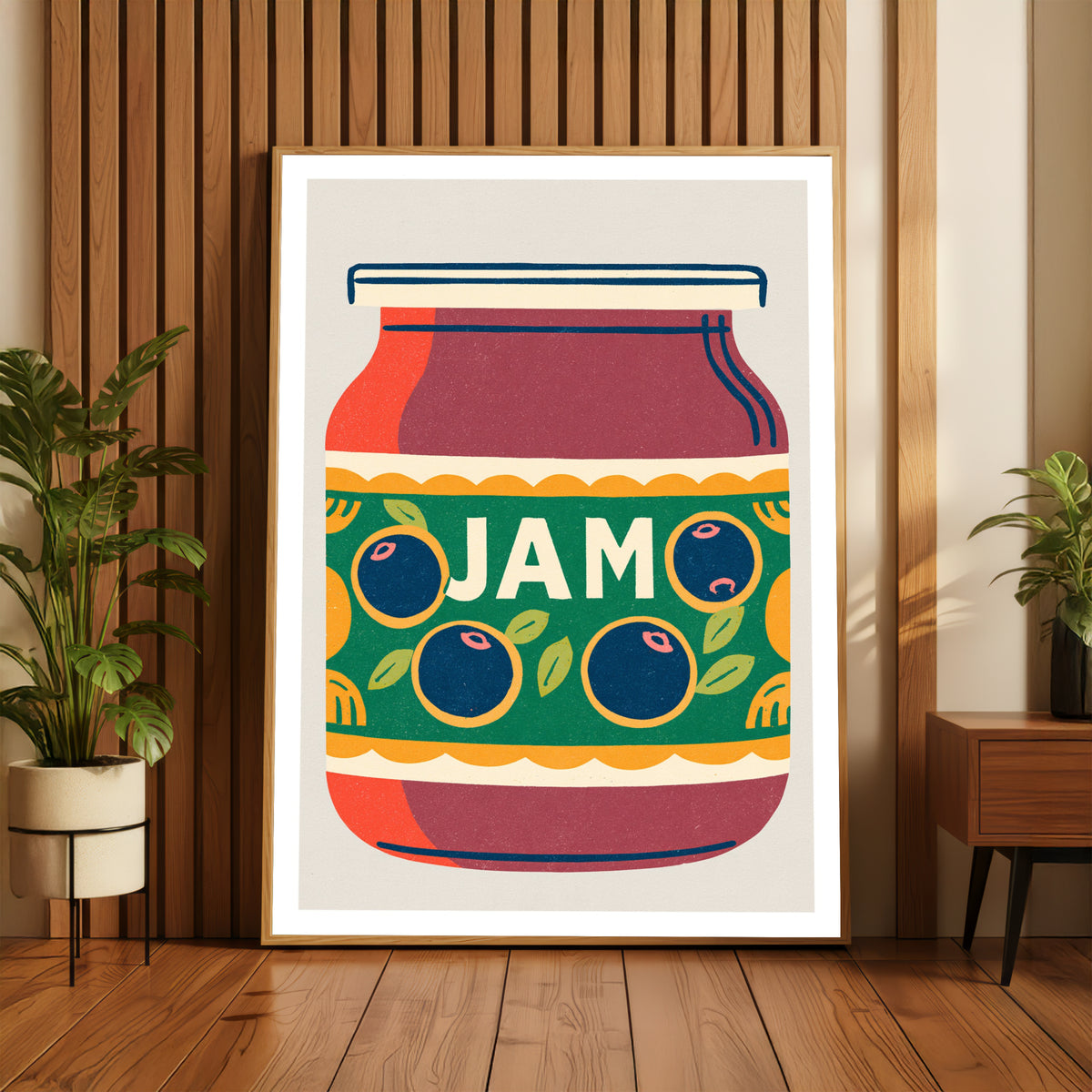 Vintage Food Poster Print | Rustic Kitchen Decor, Jam Jar Illustration, Blueberry Fruit Art