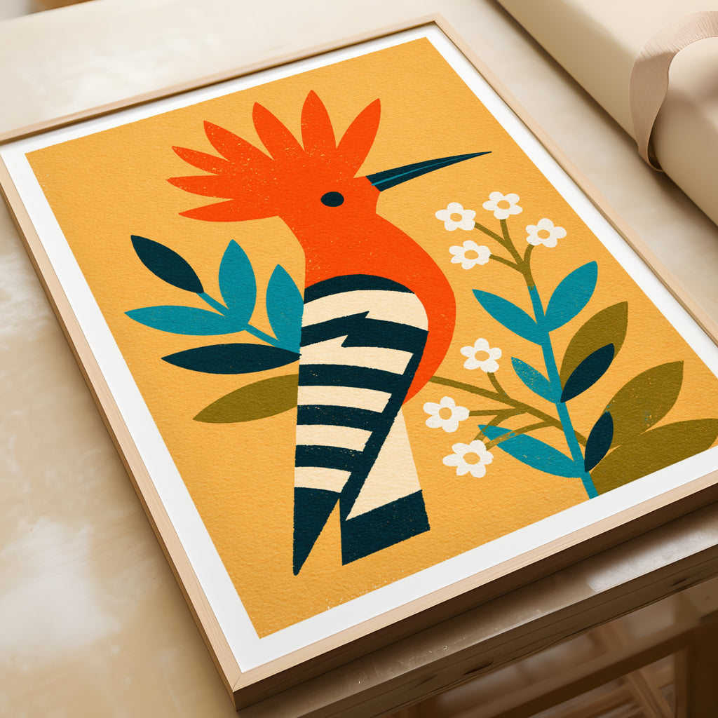 Retro Hoopoe Bird Poster, Vintage Mid Century Modern Wall Art, Orange Botanical Animal Art Print