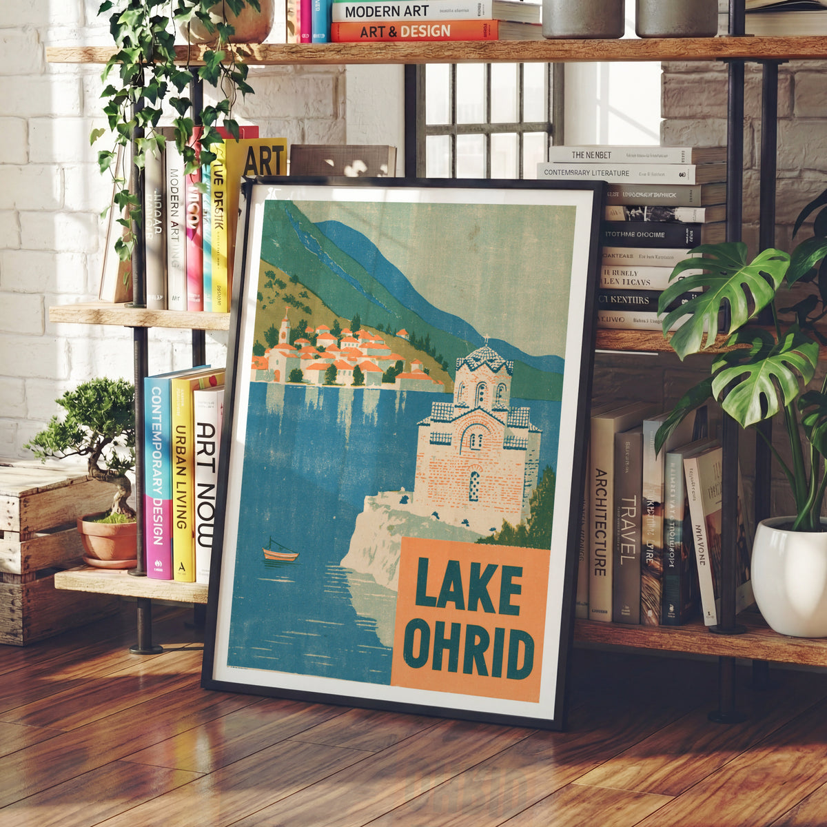 Retro Lake Ohrid Poster, Vintage Travel Print, North Macedonia Church Wall Art, Balkans Gift