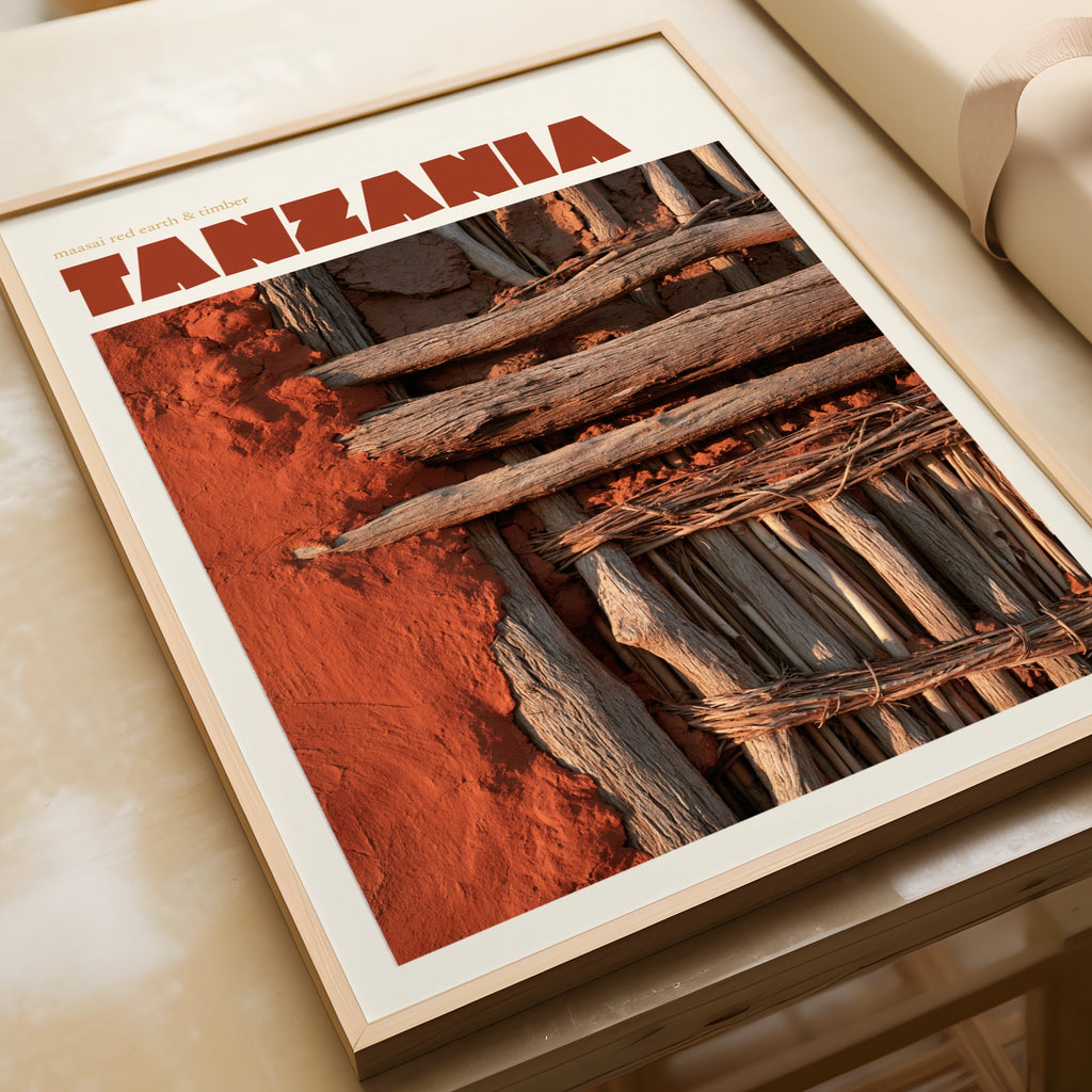 Tanzania Retro Travel Poster, Maasai Red Earth Print, African Wall Art, Terracotta Decor