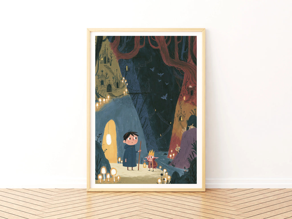 Retro Children's Fantasy Cave Print, Folk Art Kids Poster, Elf King Boy Adventure Wall Art