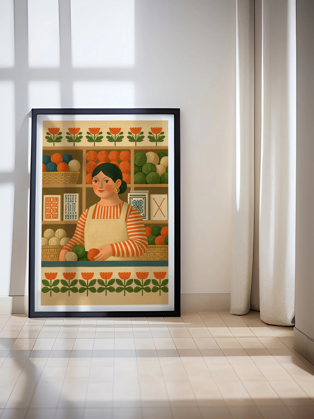 Retro Yarn Shop Print, Sewing Craft Room Wall Art, Folk Style Knitting Poster, Gift for Crafter