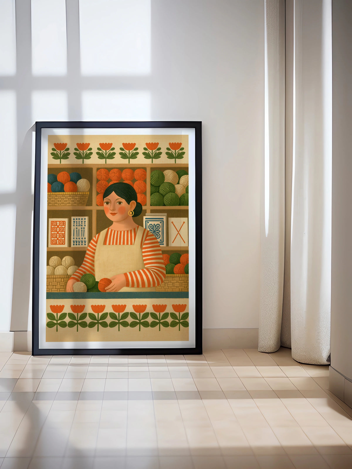 Retro Yarn Shop Print, Sewing Craft Room Wall Art, Folk Style Knitting Poster, Gift for Crafter