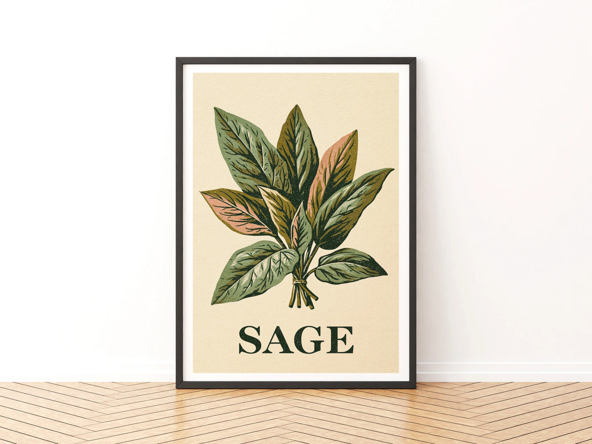 Sage Herb Vintage Food Poster Print | Rustic Kitchen Decor | Retro Mid Century Risograph Art