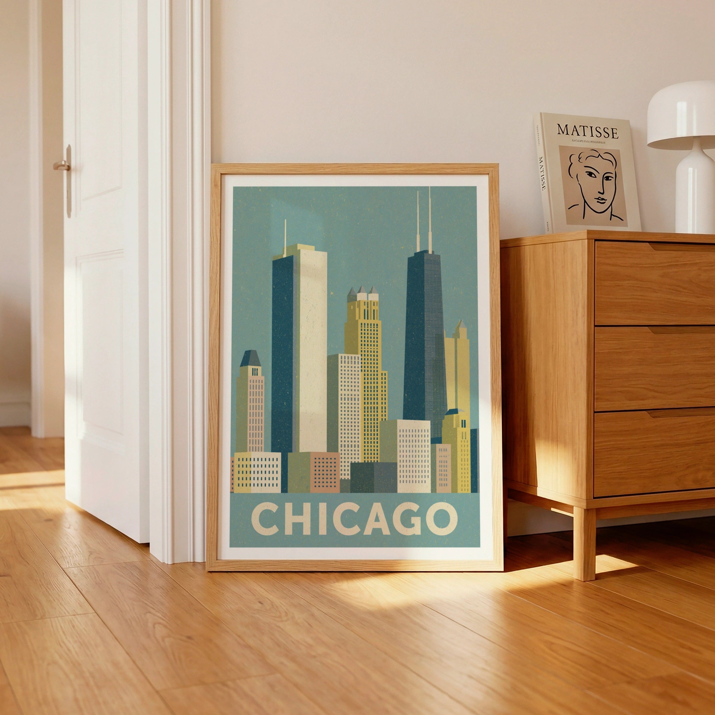 Chicago Skyline Retro Travel Poster, Vintage City Print, Illinois Wall Art