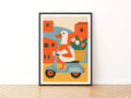 Retro Duck on Scooter Art Print, Vintage Illustrated Animal Poster, Colourful Funky Wall Art