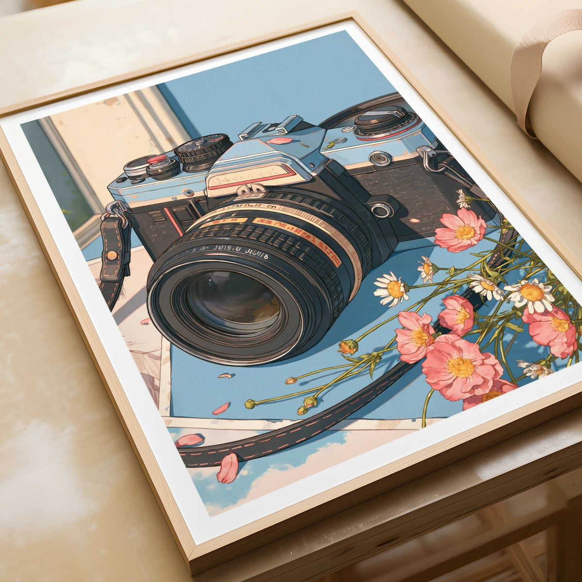 Retro Film Camera Poster, Vintage SLR Print, Pink Flowers Wall Art, Blue Aesthetic