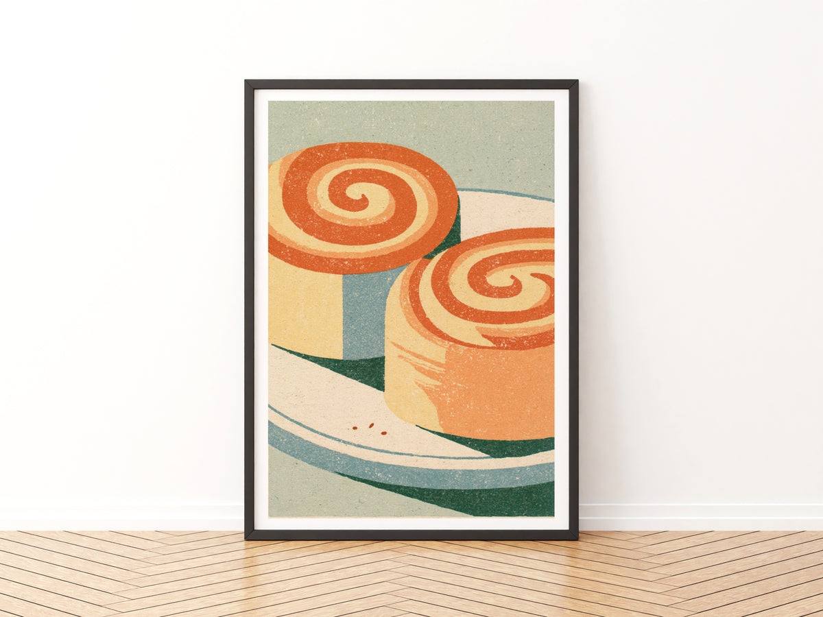 Vintage Food Poster Print | Rustic Kitchen Decor, Cinnamon Bun Wall Art, Retro Bakery Art Print