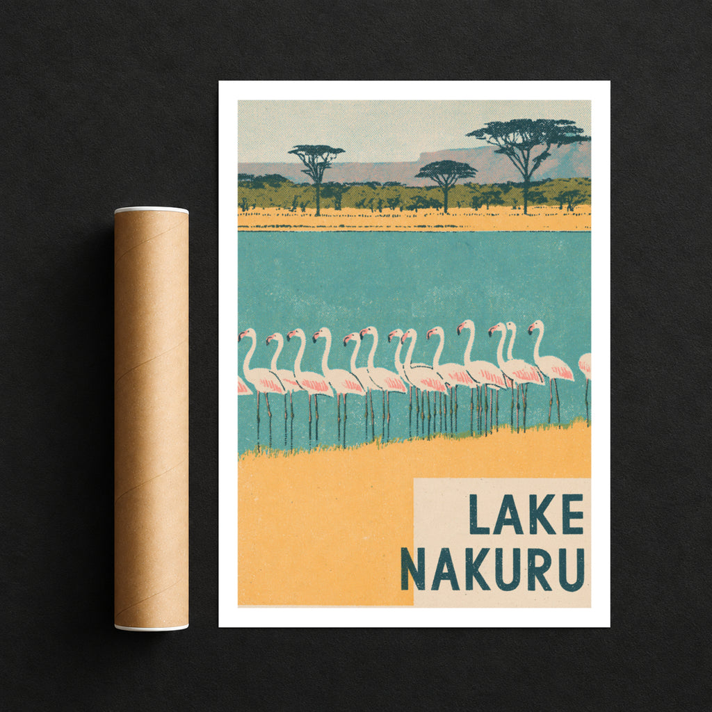 Retro Lake Nakuru Poster, Vintage Travel Flamingo Print, Kenya Safari Wall Art, African Wildlife
