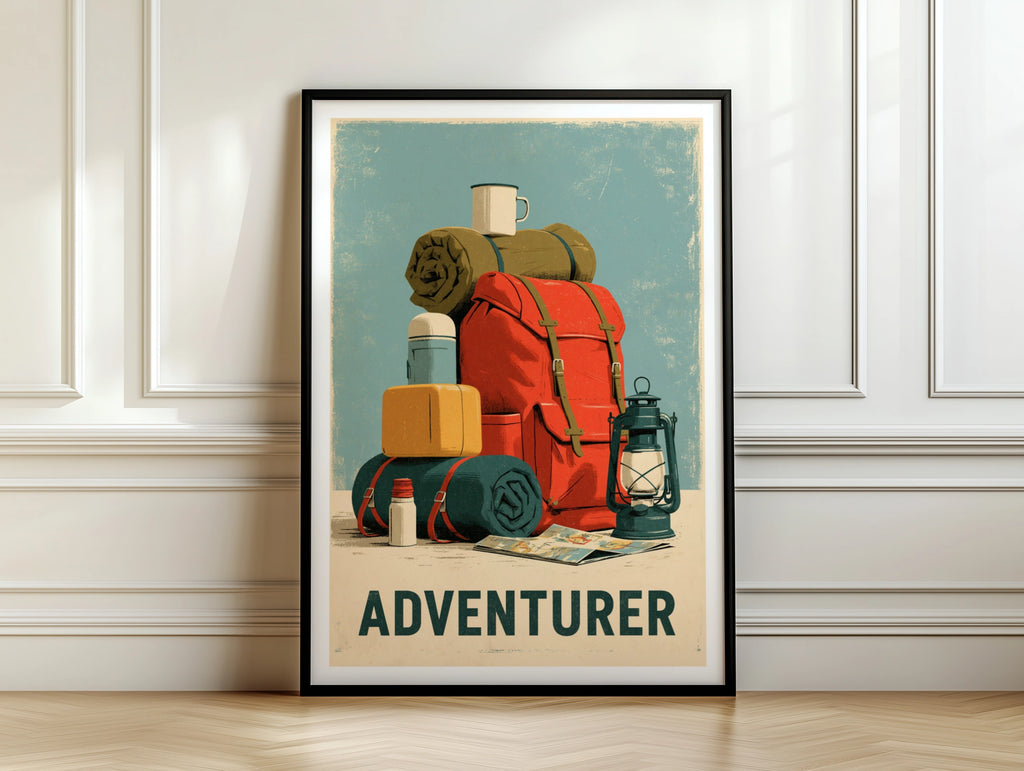 Adventurer Retro Camping Poster, Vintage Travel Print, Hiking Wall Art, Outdoor Gift