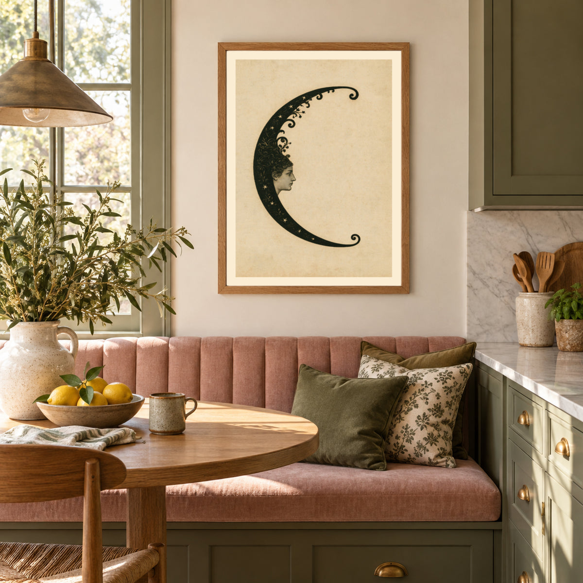 Vintage Crescent Moon Woman Print, Celestial Wall Art, Art Nouveau Moon Face Poster, Antique Style