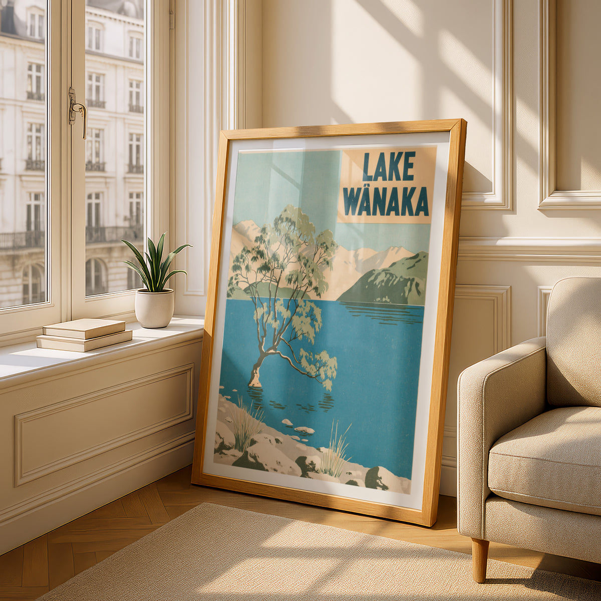 Lake Wanaka Retro Travel Print, Vintage Travel Poster, New Zealand Wall Art, Willow Tree Lake