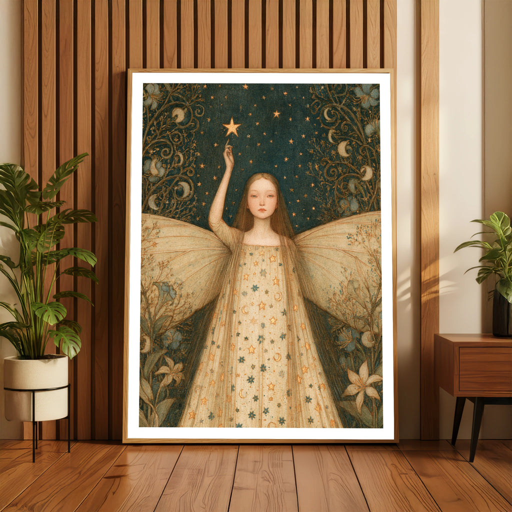 Star Fairy Star Print, Classic Celestial Fairy Poster, Teal Gold Moon Wall Art, Whimsical Folk